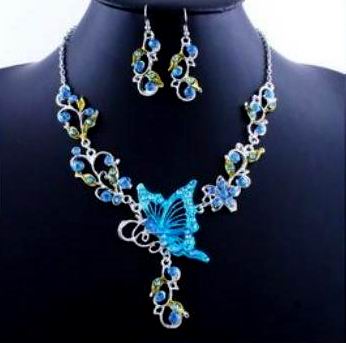 BLUE BUTTERFLY NECKLACE N EARRINGS SET